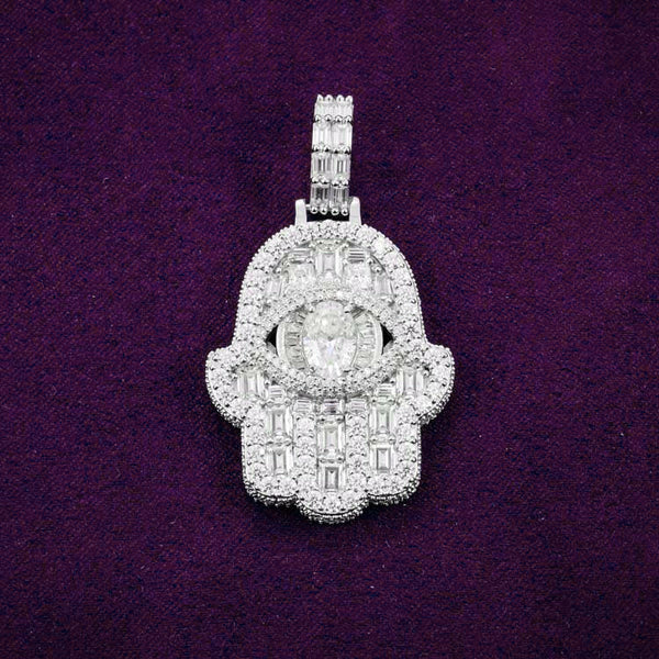 Moissanite Oval Cut Hamsa Hand Pendant 14K White Gold